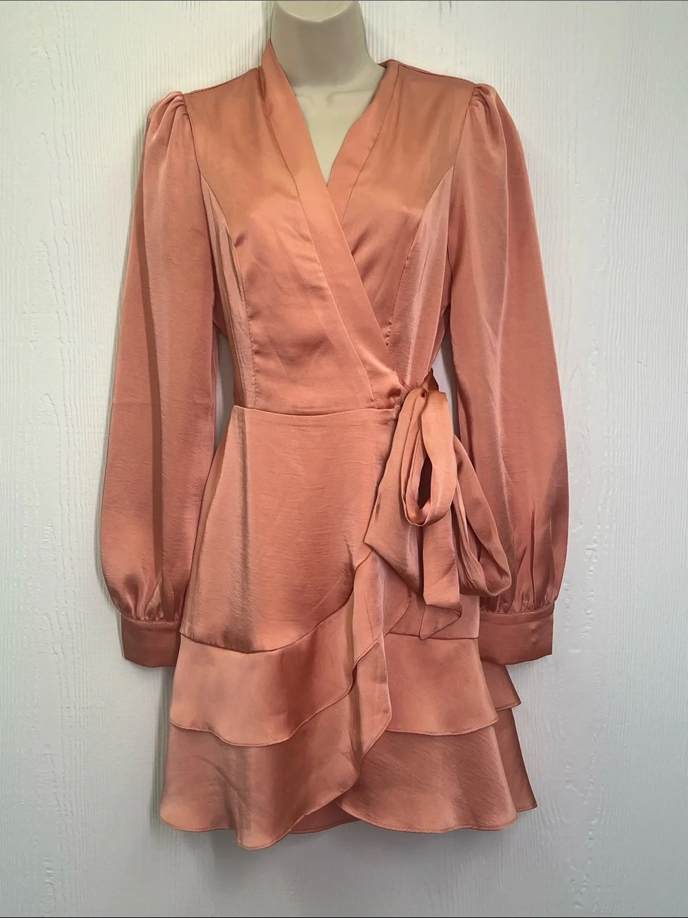 Lulus - Glow Forever Peach Pink Long Sleeve Ruffled Wrap Mini Dress Size Medium - Picture 2 of 10